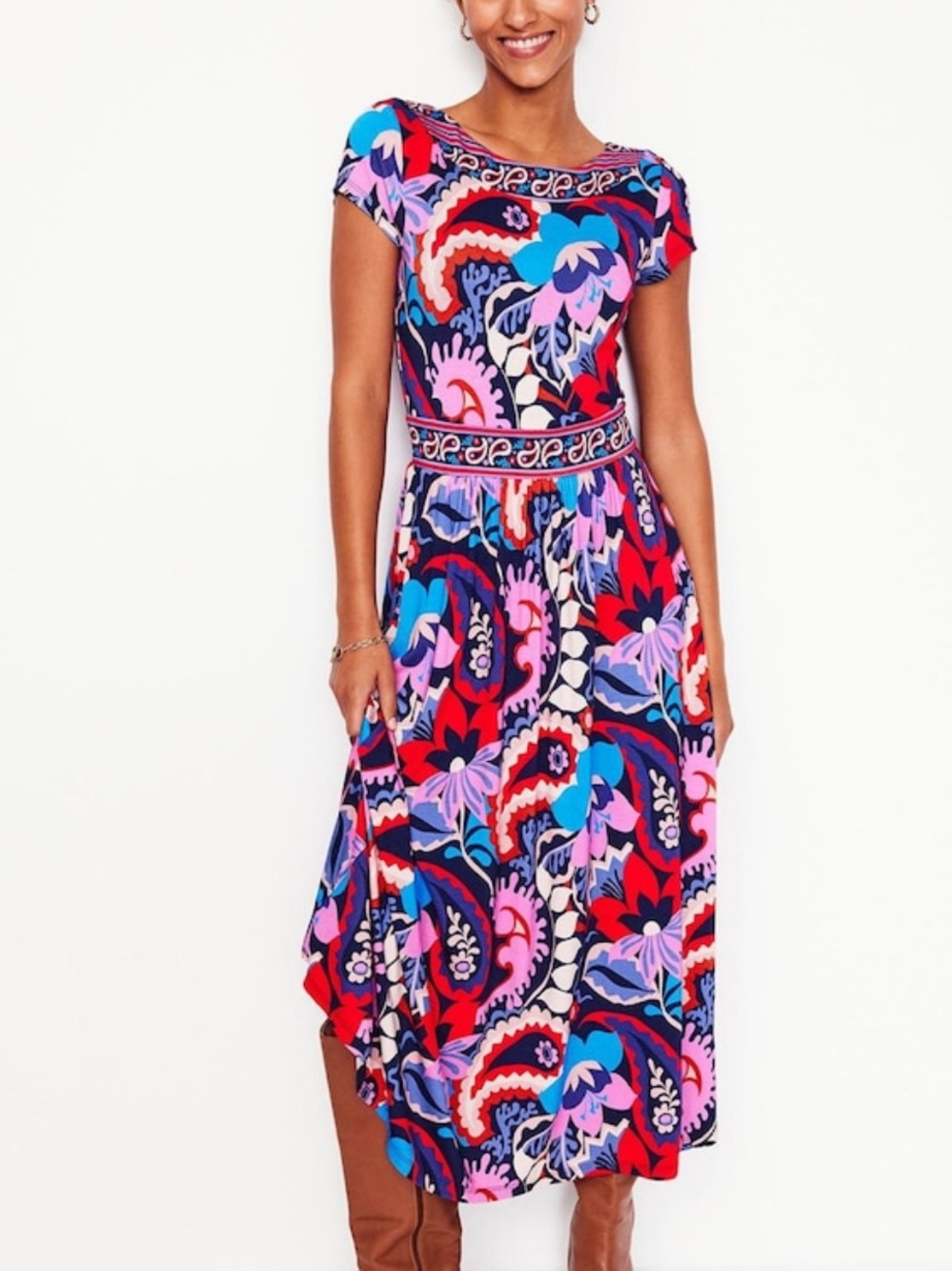Boden Melanie Navy, Pink & Red Paisley Print Midi Dress With Pockets